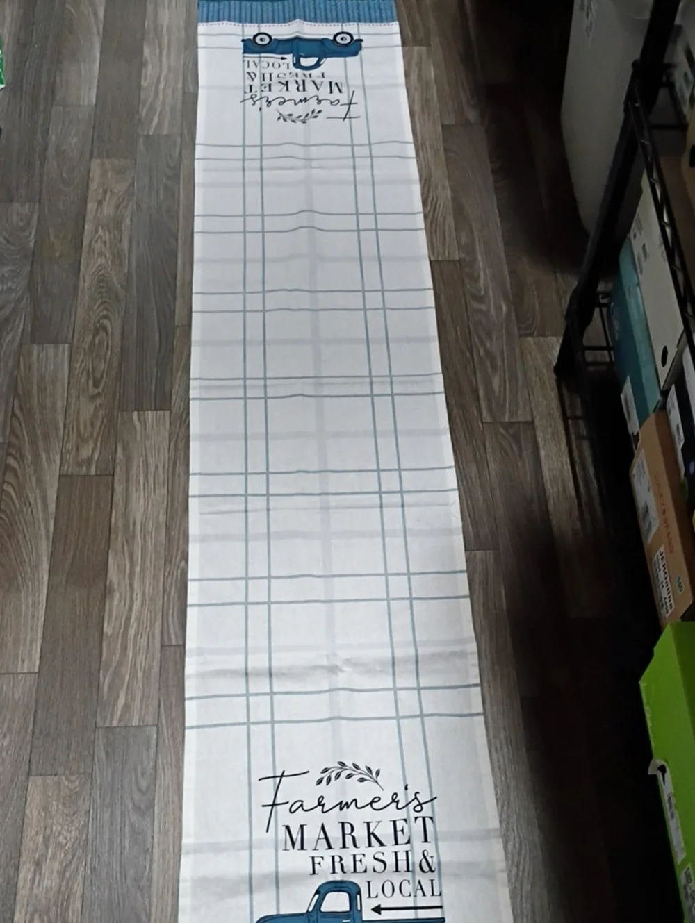 Farmers Market Fresh & Local Plaid Kitchen Table Runner - Blue & White- New
